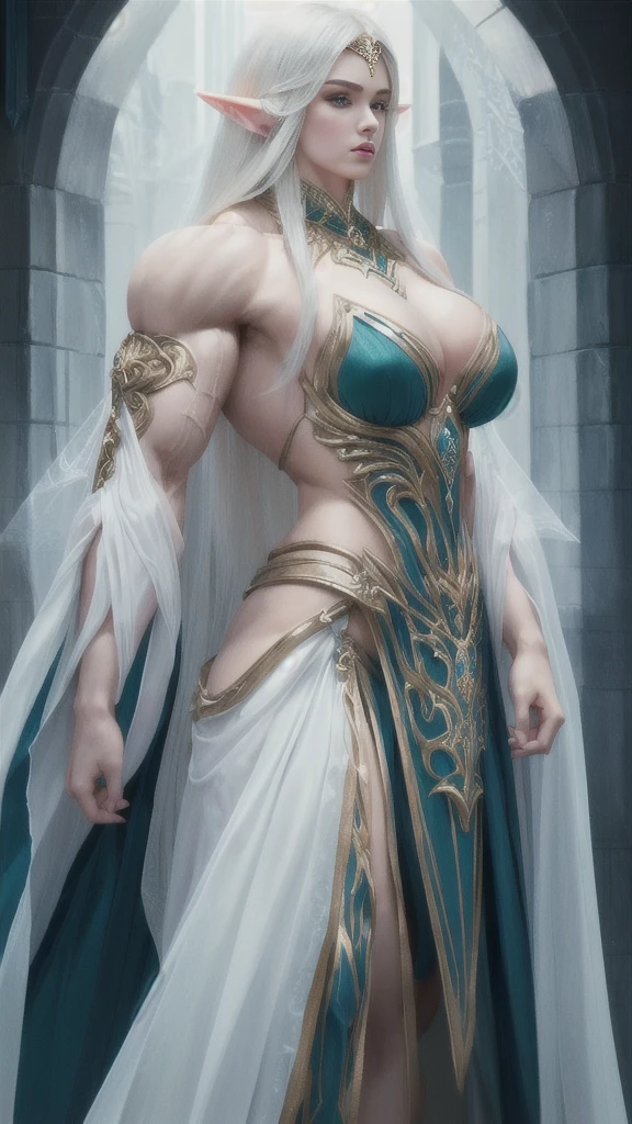 stunningly sensual elfess, large well-trained muscles, very impressive hypermuscular physique, magical and mysterious, bulging feminine proportions, perfect and flawless muscular sensual body, vascular massive biceps, deep black hair, pale chaik white skin, female elf wizard in fantasy setting