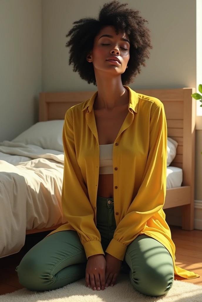 create a realistic image of a beautiful 1 black girl, her name is Anny(short curly hair, brown dark eyes, turned legs, long and loose yellow women&#39;s shirt, green jeans, bent at the bar), she is kneeling on the floor next to the bed, with eyes closed,  hands open and together on the leg