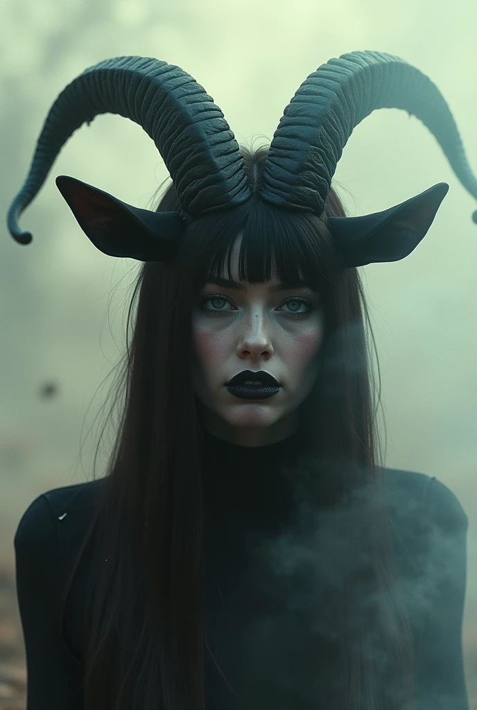 editorial photography,super detailed background,Super realistic,double exposure,depth of field,beauty super slender skinny face vides,soft focus tone,narrative scene,red blue green yellow Toxic fog,wabi-sabi,A woman is fused with black goat horn,dark skin,hoof,super long straight hair,open lips,portrait,
