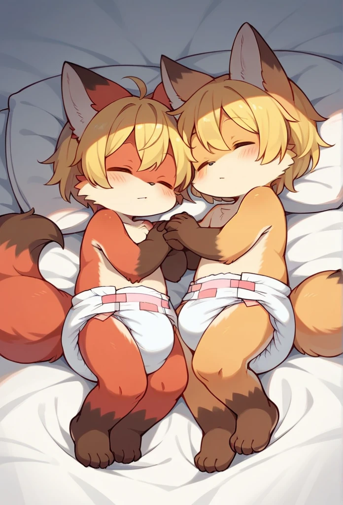 furry,kemono, toddler(two cute red fox boys and girls),hold together,Blonde hair,Wearing cute diapers,clean diaper,Naked,,sleeping, protrait photo,HD