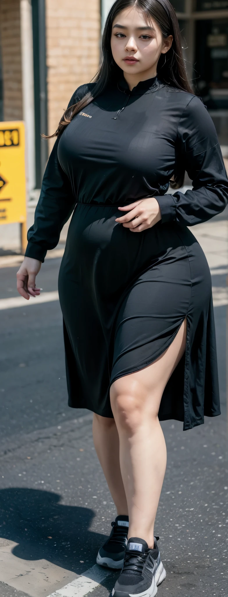 ((best quality)), ((masterpiece)), (detailed), malay woman, perfect face, araffe woman in a dark-black gamis walking down a street, thicc, she has a jiggly fat round belly, bbwchan, wearing tight simple clothes, skinny waist and thick hips, widest hips, her belly is fat and round, soft curvy shape, hyperrealistic full figure, wearing gamis , wide hips, sneakers