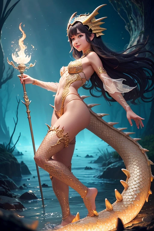 A sexy young water dragon girl with Asian features, charming girl Full body detailed anatomy, perfect face details,((brown skin tone texture)) ( tomboyish braided styles), with colorful tattoos, (( wearing illuminating a dragon helmet))( having a long dragon tail)(( wearing transparent  illuminating dragon costume sexy full body detailed anatomy )), wearing illuminating  transparent two piece dragon details on skin, wearing dragon like skin texture body, lifting up plump pussy , wavy short illuminating orange gemstone hairstyles from the flow water, ((having frog suit instead of feet))( reptile ears))(reptile suit skin arms, torso, bottom, face, neck, shoulder & legs))((showing face near camera)) (accurate details of hands & fingers)) Exposed hard big errect nipples, open legs squat position, exposed pussy line, exposed panties, exposed pussyline, smiling with teeth exposed. Sparkling gray eyes, charms, face details & fucos skin tone texture, swimming under the  atmosphere swamps area creating air bubles with captivating different lighting effects around the background, showing small dragon, fish, turtle, reptiles, bubbles of air for accurate background masterpiece ((with illuminating transparent ruby crystal gemstone dragon like scales skin textured all over her body)) ((with gills))((holding illuminating a treasure spear)) full details of accessories and props))swimming with ocean current waves under the sea,( many different perspective view character profile, front view, side view, rear view, of same face & clothing girls posing  angle))(( perfect details of dragon body and dragon feet and arms  anantomy))
