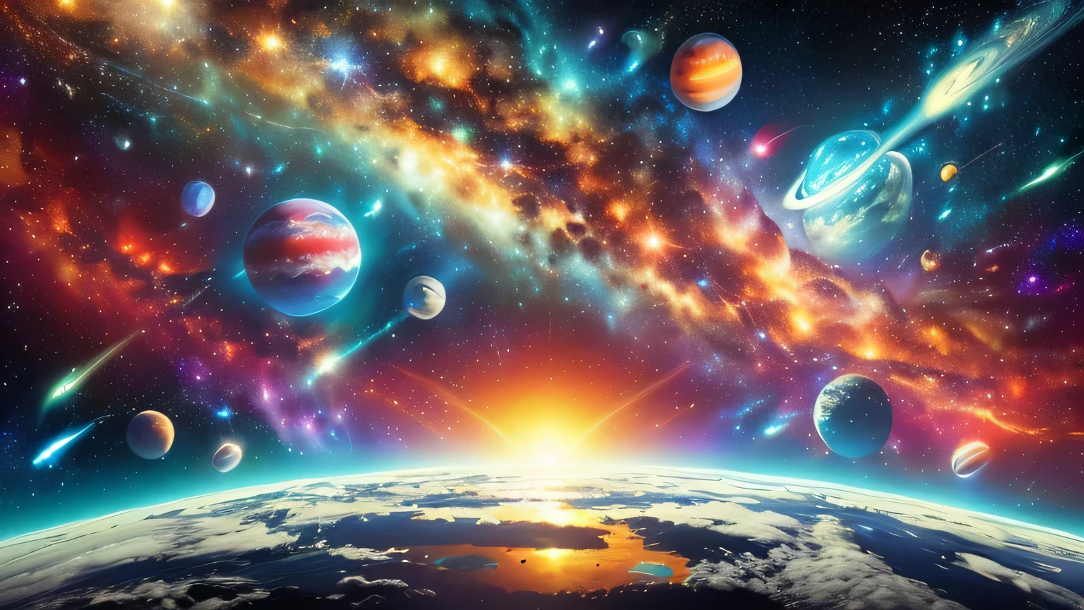 a view of a planet with a bunch of planets in the background, galaxy space sci-fi, cosmic and colorful, surreal space, fantasy space, cosmic space, planets and galaxies, space sky, epic beautiful space scifi, amazing wallpaper, beautiful space, space art, fantastic space, amazing space creature 4k, space background, planets in the skies