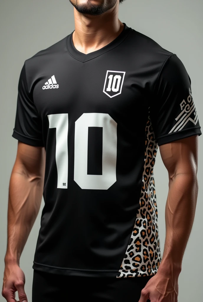 Black team shirt with number 10 and a shaded leopard on the side of the shirt horizontally 