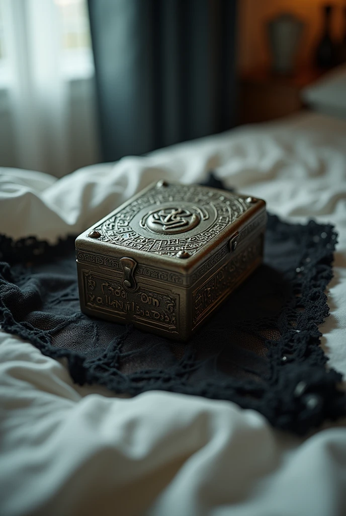 A mysterious metal box with carvings on the outside. An inscription in a strange language on the forehead.  The old box the size of a hand is on top of a pair of black lace panties on the bed.. The panties have a bow in the sample. Blurred room background 
