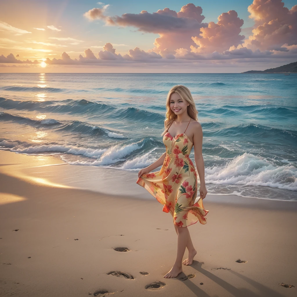 A beautiful tropical island, warm sunset, red clouds, golden reflexions on the sea, waves breaking on a reef, a small blue moon is above, (best quality, 4k, 8k,highres,masterpiece:1.2),ultra-detailed,(realistic,photorealistic,photo-realistic:1.37),HD,sky1,stunning detailed, A blonde woman is walking on the beach, wearing a flowery bright colored dress Slim, big , gentle smile,