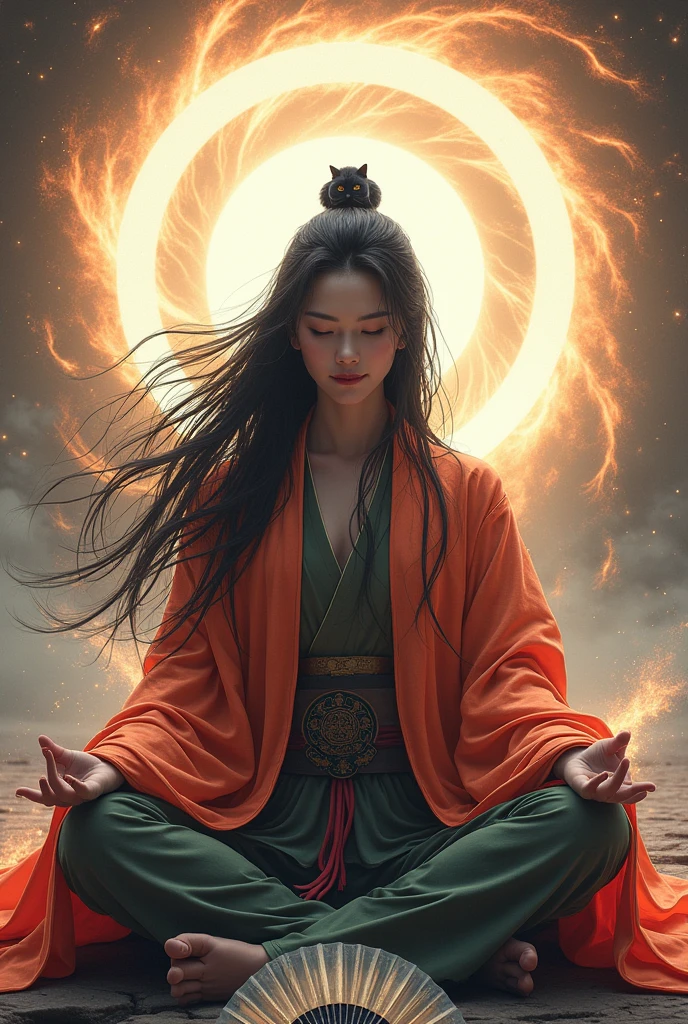 (masterpiece:1.2),Highest quality ,(meditation:1.1), alone, ,Chinese martial arts,足を組んでmeditationする,Long black hair, In front of the glowing vortex, Dynamic Action,Neon feather coat,transparent,Dunhuang_fan,close your eyes,smile, Black cat