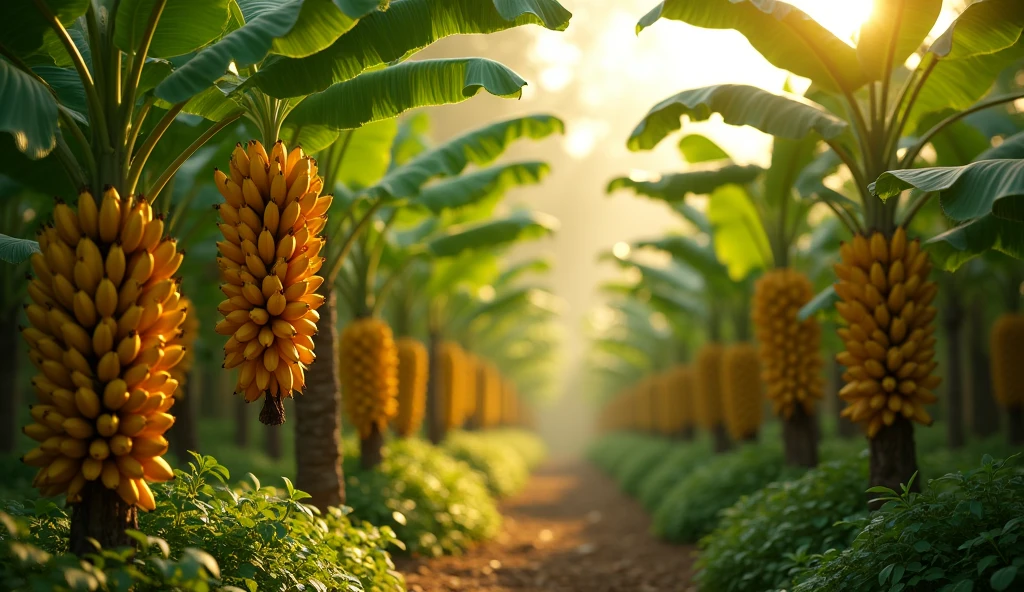 Scene of a beautiful banana garden, with golden bananas hanging between green leafy banana trees. The sunlight falls beautifully on the trees, and the leaves move a little in the light breeze. Some empty space behind, where 32K UHD, Style Raw, detailed