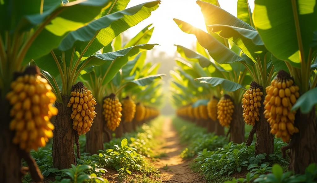 Scene of a beautiful banana garden, with golden bananas hanging between green leafy banana trees. The sunlight falls beautifully on the trees, and the leaves move a little in the light breeze. Some empty space behind, where 32K UHD, Style Raw, detailed