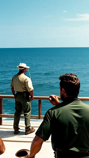 Three men on a fishing boat. a picture-perfect postcard of Americana, becomes a battleground where man faces nature's most fearsome creature. Police Chief Brody, a weathered lawman with a heart full of duty, teams up with a salty sea captain, Quint, and a brilliant but eccentric marine biologist, Hooper. Together, they embark on a desperate mission to slay the beast that threatens their community.