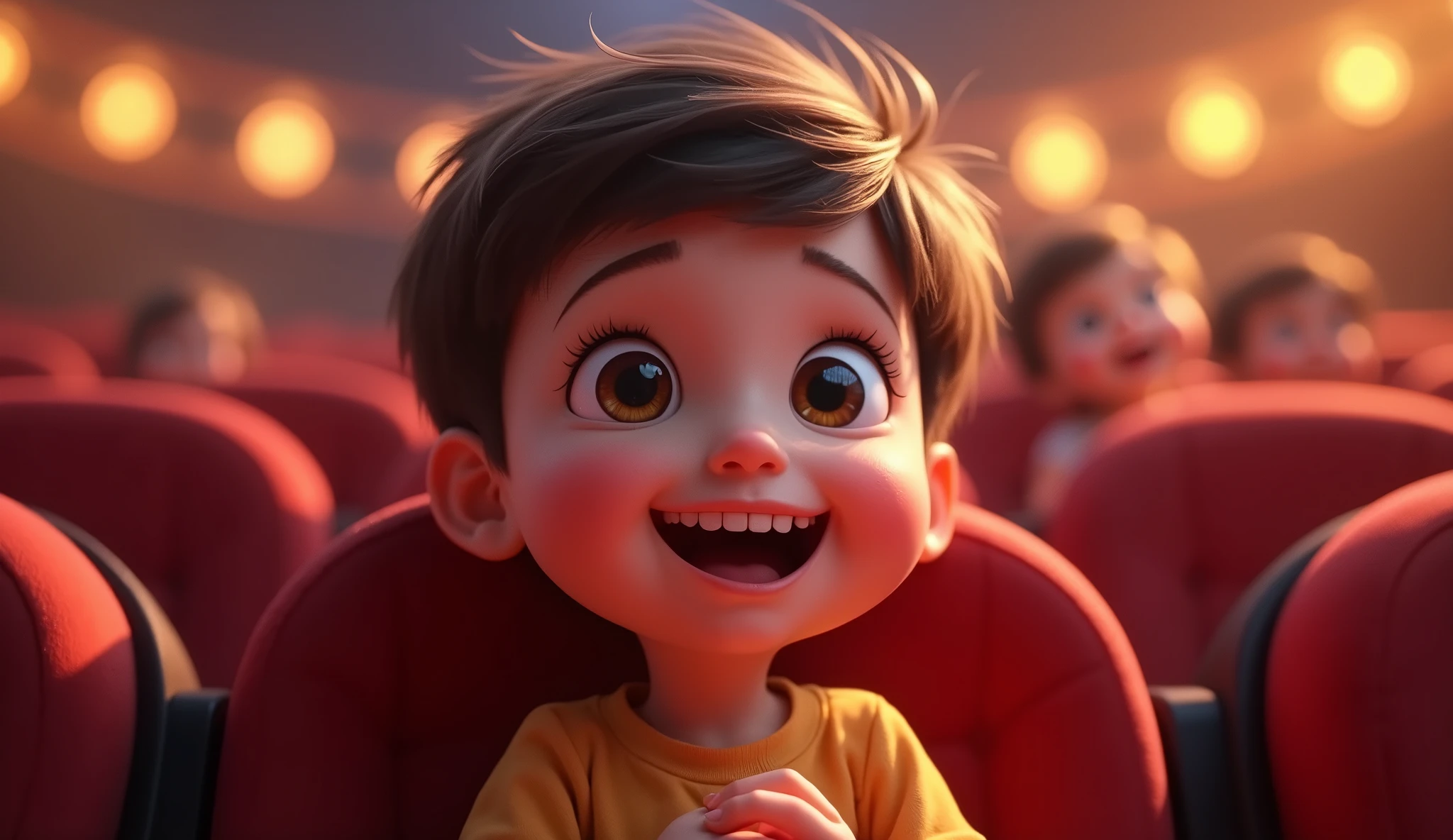 (highest quality, 4k, masterpiece:1.3), A close-up of a child sitting in an auditorium, with wide eyes and a big smile, watching the stage. The child's face is filled with wonder and excitement, hands clasped together on the lap. The background is softly blurred, with the glow of stage lights casting a warm hue. The image is in a 2D animation style, with bright colors, cartoonish features, and a joyful atmosphere, capturing the innocence and delight of the child.
