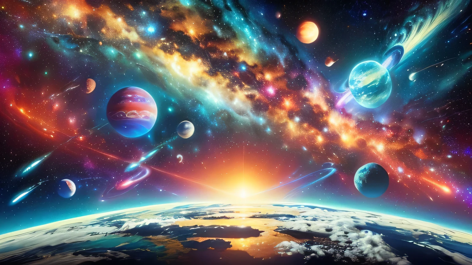 a view of a planet with a bunch of planets in the background, galaxy space sci-fi, cosmic and colorful, surreal space, fantasy space, cosmic space, planets and galaxies, space sky, epic beautiful space scifi, amazing wallpaper, beautiful space, space art, fantastic space, amazing space creature 4k, space background, planets in the skies
