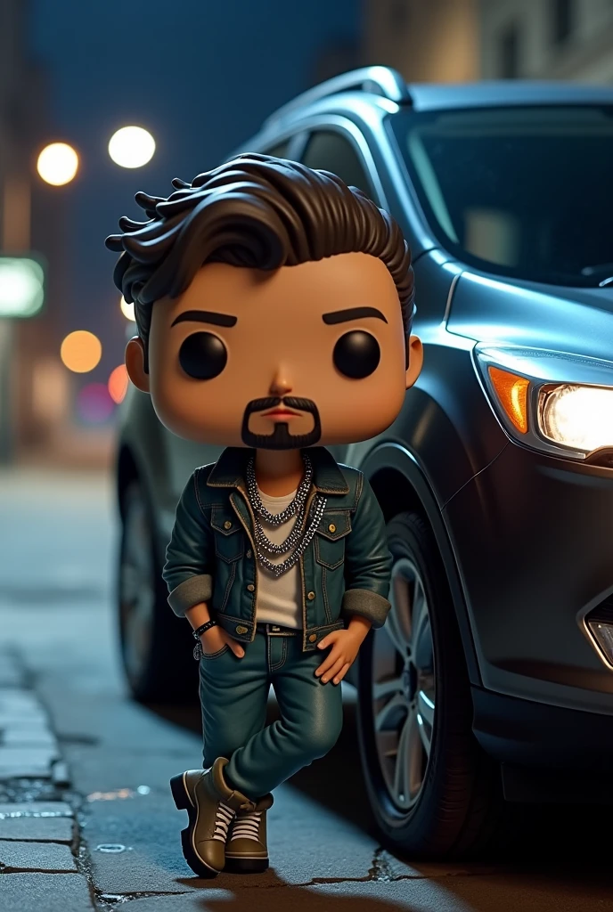 Create a funko pop of a 2 boy with a goatee and a bit of a mustache with a silver chain leaning on a 2013 Ford Kuga and a street at night in the background 
