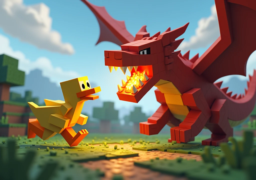 a Minecraft duck running away from a fire breathing dragon, Horizontal image.