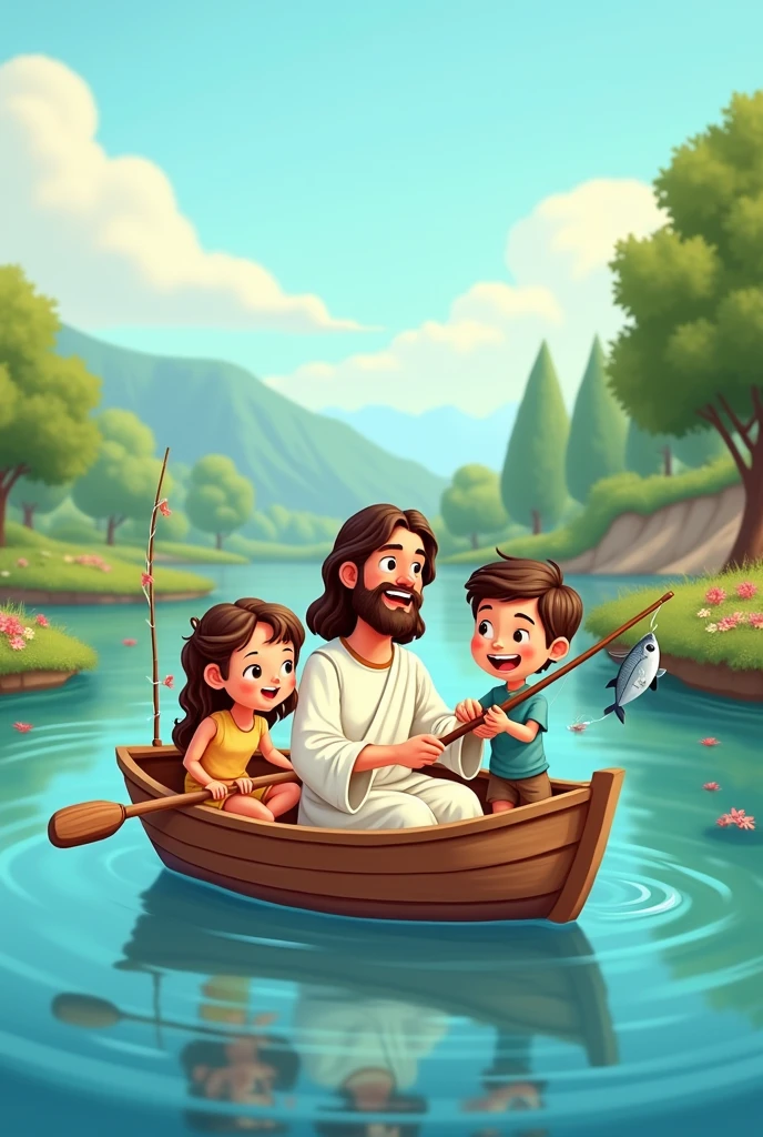 Cartoon of Jesus with a girl and a boy fishing in a boat 