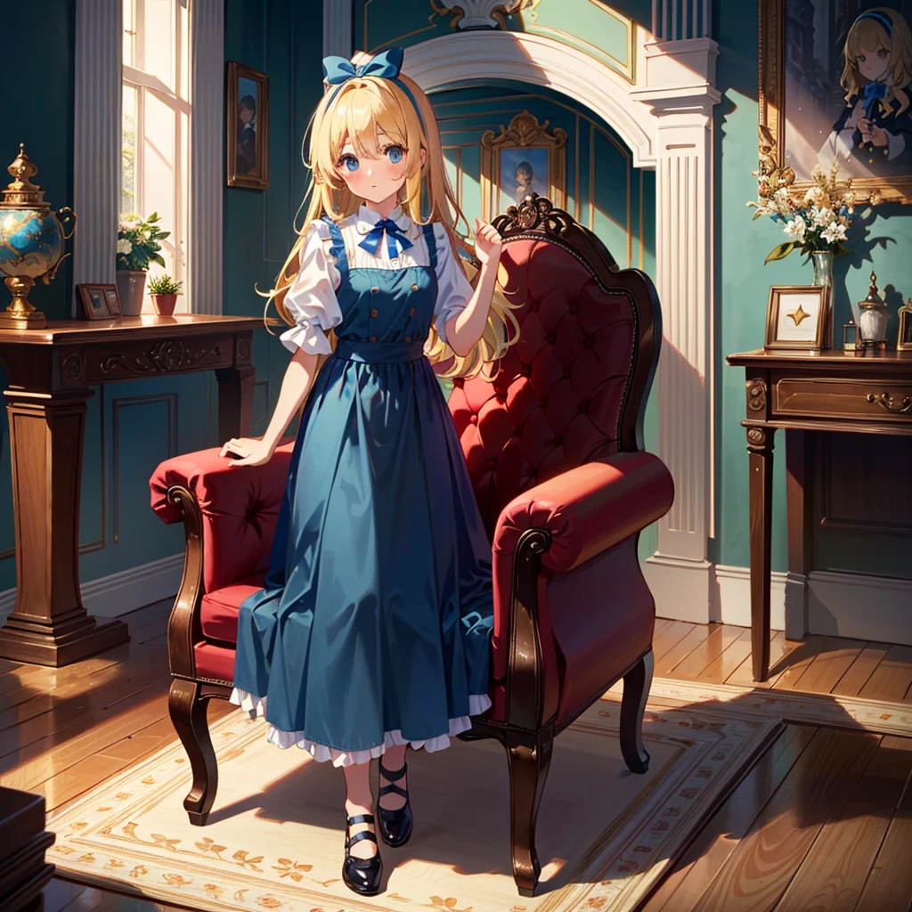 {{{(((Very cute pose,)))}}}, (((highest quality))), (((super detailed))), (((clear) )), (( (masterpiece) 8K) ))), Alice in Wonderland The Queen of Hearts sits in a luxurious chair in a very beautiful castle, ((Alice in Wonderland (blonde), girl, blue ribbon, Alice's clothes, long hair )), small, young, small breasts), round face, girl: 1.25), (baby face), short limbs, Alice standing in front of the Queen of Hearts,