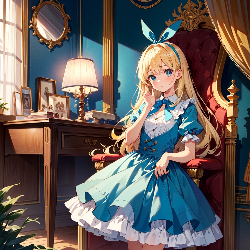 {{{(((Very cute pose,)))}}}, (((highest quality))), (((super detailed))), (((clear) )), (( (masterpiece) 8K) ))), Alice in Wonderland The Queen of Hearts sits in a luxurious chair in a very beautiful castle, ((Alice in Wonderland (blonde),  girl, blue ribbon, Alice's clothes, long hair )), small, young, small breasts), round face, girl: 1.25), (baby face), short limbs, Alice standing in front of the Queen of Hearts,
