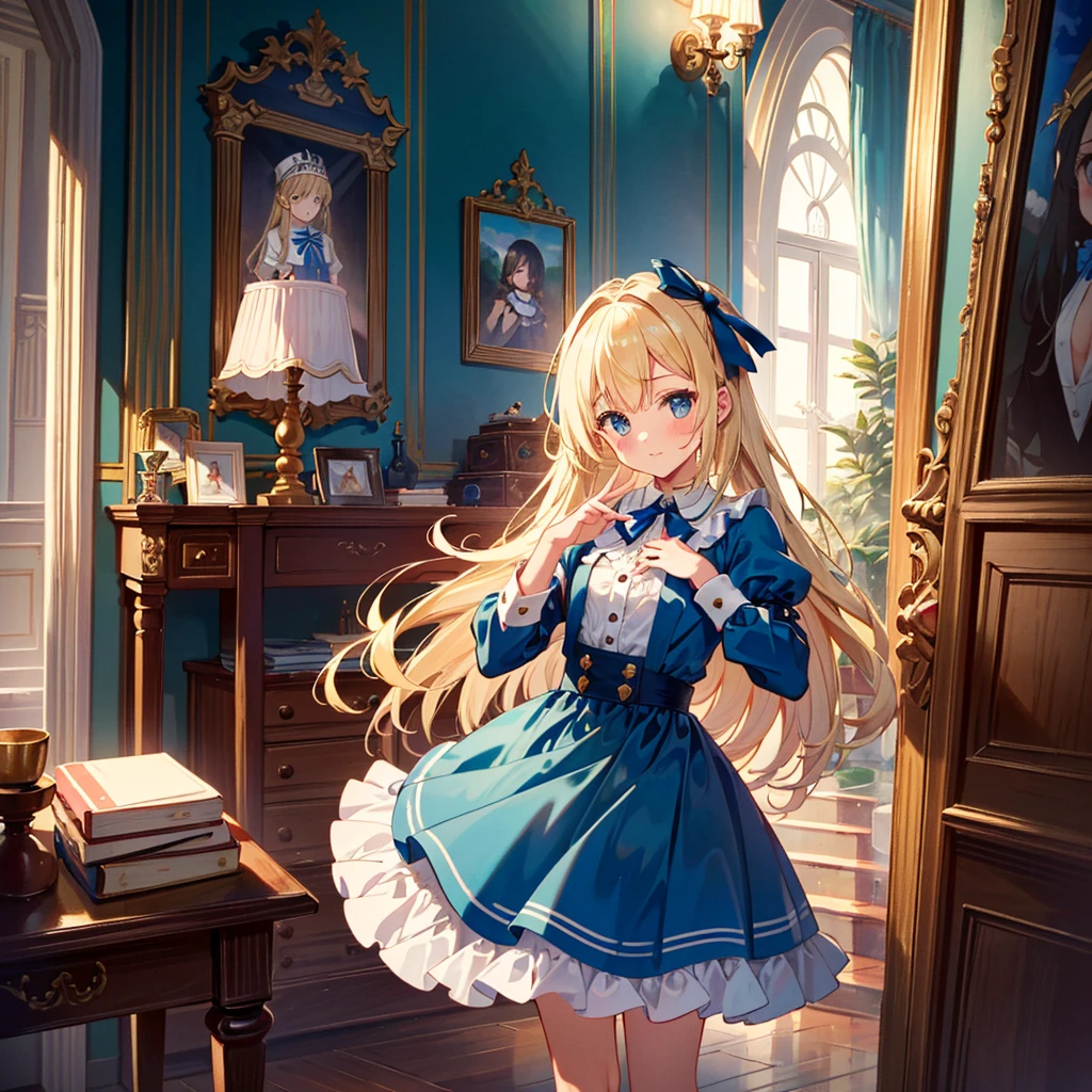 {{{(((Very cute pose,)))}}}, (((highest quality))), (((super detailed))), (((clear) )), (( (masterpiece) 8K) ))), Alice in Wonderland The Queen of Hearts sits in a luxurious chair in a very beautiful castle, ((Alice in Wonderland (blonde), girl, blue ribbon, Alice's clothes, long hair )), small, young, small breasts), round face, girl: 1.25), (baby face), short limbs, Alice standing in front of the Queen of Hearts,
