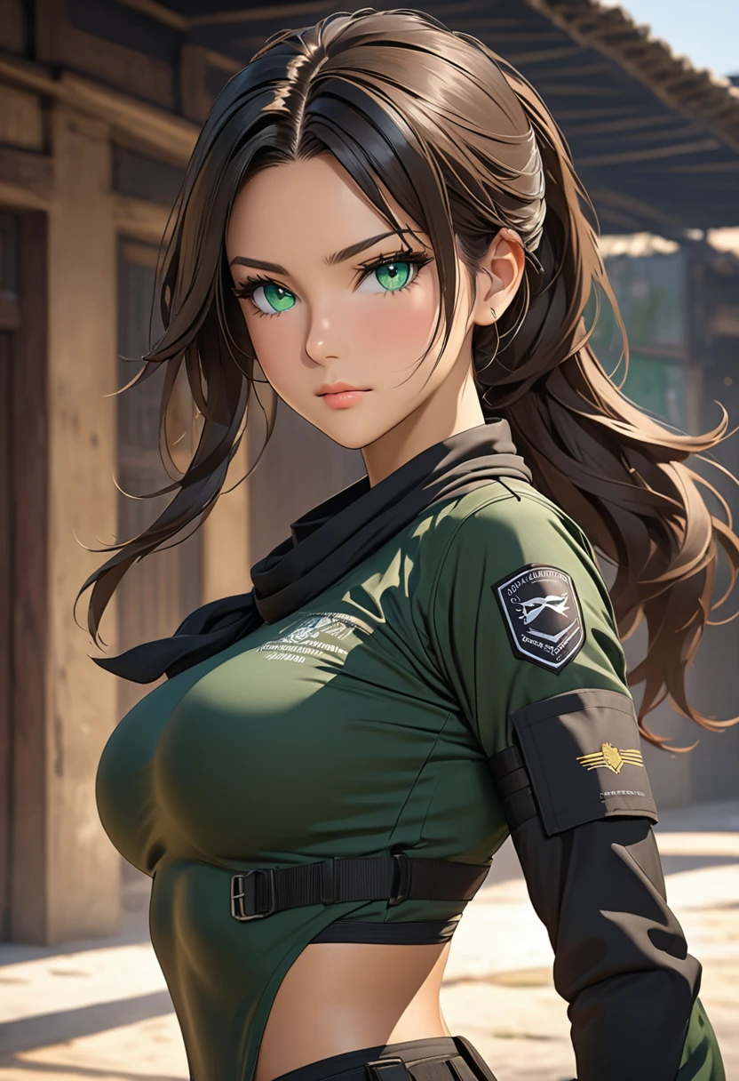 (masterpiece, top quality, best quality, official art, beautiful and aesthetic:1.2), (1girl:1.3), (gorgeous face), light freckles, fair skin, brown hair, extremely detailed, portrait, looking at viewer, solo, (full body:0.6), detailed background, close up, (airy modern theme:1.1), extremely busty photographer girl, ponytail, big lips, charlatan, smiling, mysterious, walking in the park, dark green jacket, green tank top, jeans, do-rag, headband, bandana, bracelets, necklace, trees, modern city park, pond, paths, well-lit, thin and toned physique, ((((gigantic breasts, cleavage, skindentation)))), slim waist, slim hips, long legs, modern (park exterior:1.1) background, dark mysterious lighting, shadows, magical atmosphere, dutch angle,