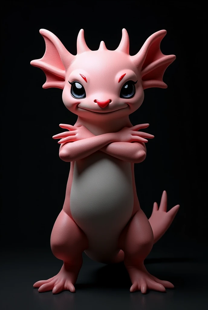 Axolotl with arms crossed black background