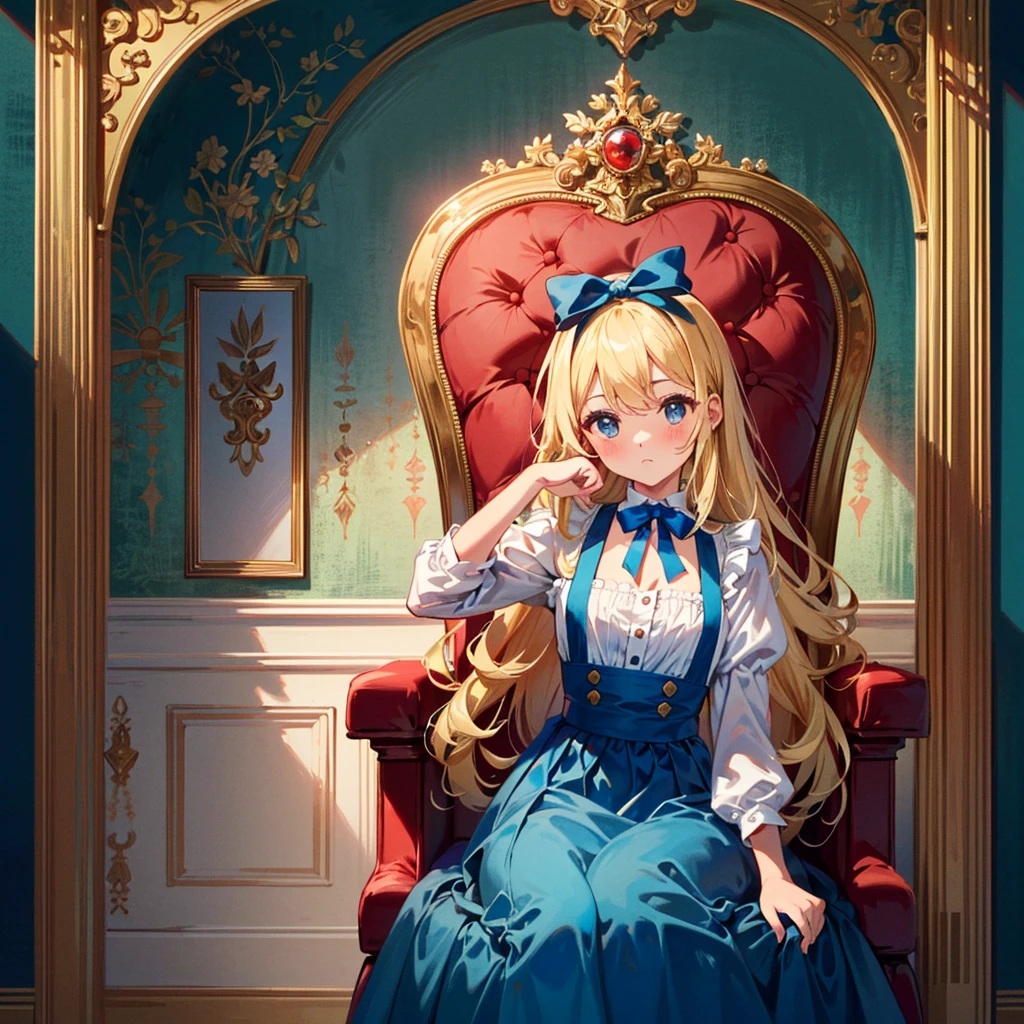 {{{(((Very cute pose,)))}}}, (((highest quality))), (((super detailed))), (((clear) )), (( (masterpiece) 8K) ))), Alice in Wonderland The Queen of Hearts sits in a luxurious chair in a very beautiful castle, ((Alice in Wonderland (blonde),  girl, blue ribbon, Alice's clothes, long hair )), small, young, small breasts), round face, girl: 1.25), (baby face), short limbs, Alice standing in front of the Queen of Hearts,