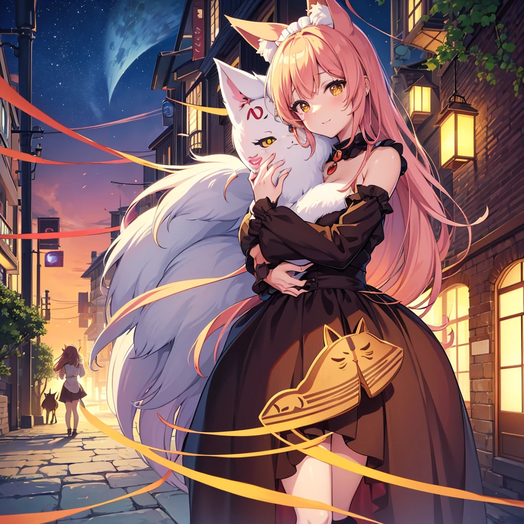Anime Girl with a bird cage and a cat in her arms, Animation by Shitao, pixiv, Furry Art, very beautiful anime cat girl, beautiful anime catgirl, Fox Girl, Anime cat girl in maid costume, Cute anime catgirl, (Anime Girl), Cute anime, with kitsune mask, pixiv style, anime catgirl