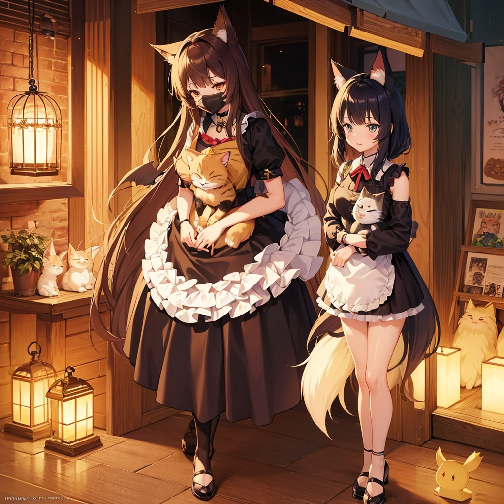 Anime Girl with a bird cage and a cat in her arms, Animation by Shitao, pixiv, Furry Art, very beautiful anime cat girl, beautiful anime catgirl, Fox Girl, Anime cat girl in maid costume, Cute anime catgirl, (Anime Girl), Cute anime, with kitsune mask, pixiv style, anime catgirl
