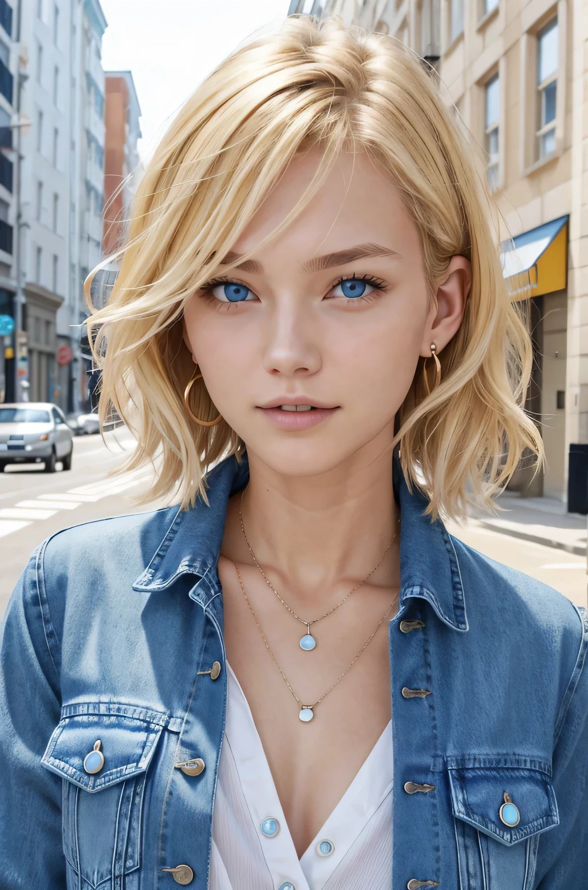 Neat and clean Caucasian woman、、Blonde Hair、blue eyes、short hair、Wavy Hair、Please open your mouth a little、Denim jacket、shirt、ear piercing、necklace、、The background is a city street
