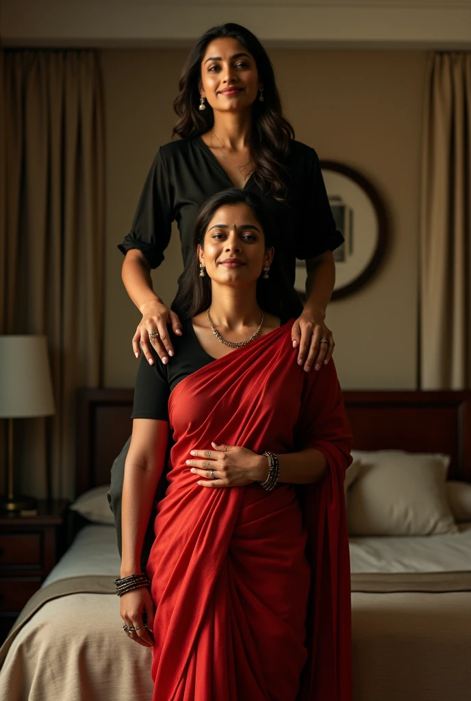 Beautiful and Slim Indian woman Aishwarya Rai in black blouse red silk saree , lifting a large chubby man above her shoulders, man is sitting on woman's shoulders, natural smile, in a bedroom with high ceiling at night