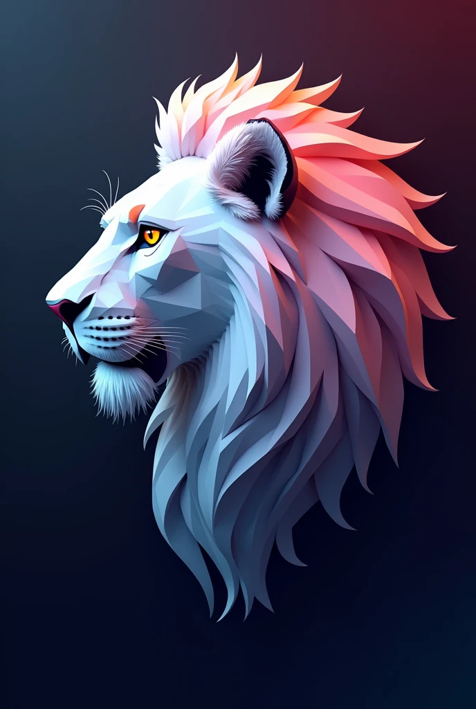 Polygonal Logo Shadow of a lion's face in profile Orange eyes with yellow, Black pupil Imposing Mane iridescent pink to blue White facial hair Roaring Without volume