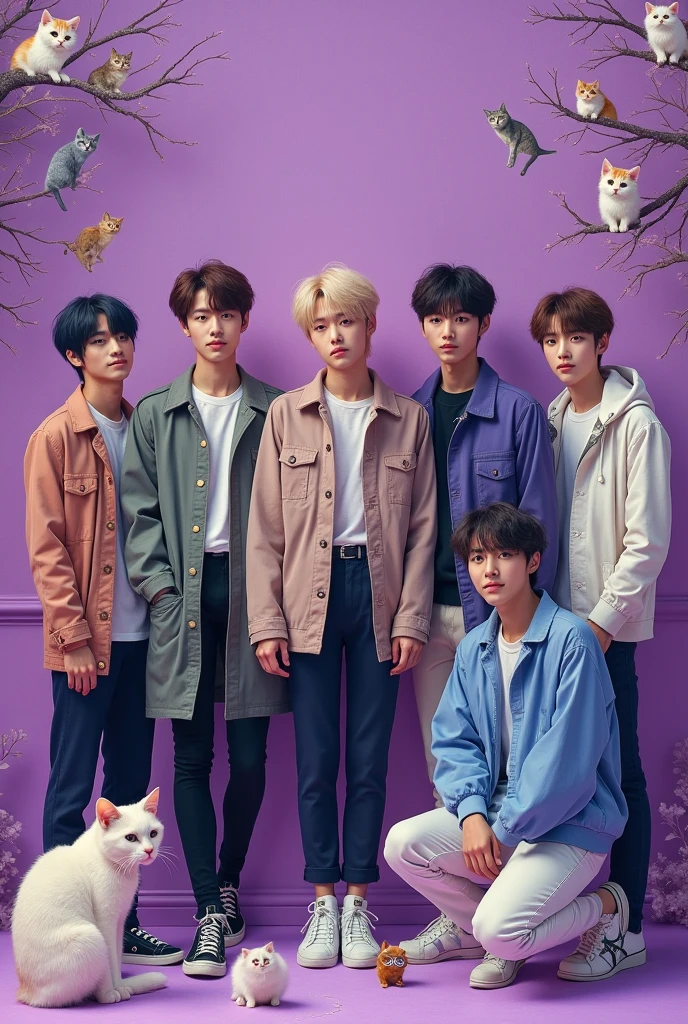 Purple wallpaper with BTS and cat images
