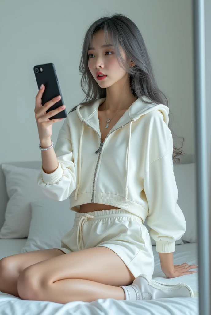 highly detailed, beautiful, hyper Realistic girl, masterpiece, best quality, Depict a mysterious and sophisticated beautiful Japanese gravure model,, 28-years-old, identity hidden, all body shot, / gray arranged hair, small head, Detailed face, cute and Pretty slim face, wide Duck mouth, half opened rips, perfect beautiful wide Tooth, arranged gray hair, shiny eyes, blue-colored eyes, Realistic skin, Detailed face, / Top: A white cropped hoodie made from soft, high-quality sweat material, cinched at the waist to reveal the navel. The hoodie is unembellished, with a high collar and zippered front, offering a clean and modern aesthetic.
Bottom: A knee-length, fitted skirt in matching white sweat material, designed for a sleek and simple silhouette.
Footwear: Sleek white ankle boots with subtle synthetic overlays and neon accents, blending comfort with a touch of futurism.
Accessories: A thin, simple silver necklace at the neck, complemented by delicate silver bracelets on the wrists and small silver stud earrings, all understated and refined to maintain the minimalist vibe. //// simple white single room, gray frame mirror, complicated background /// takes a selfie in her room using a smartphone in front of a mirror with one hand, sitting and sexy Posing, all body shot, focus shoes, looking away from the camera,