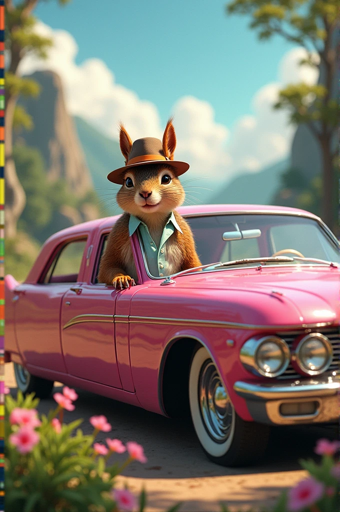 a humanoid squirrel wearing stylish retro clothes posing in a pink limousine in a beautiful scenery