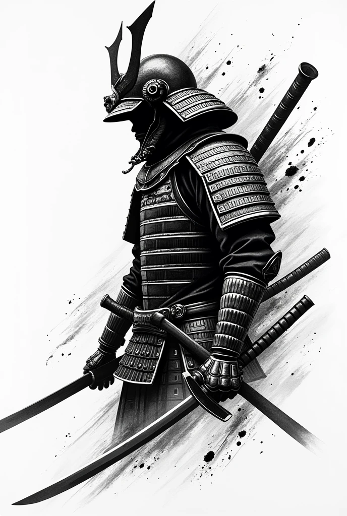 Drawing of a samurai armor in tattoo style in black and white in motion 
