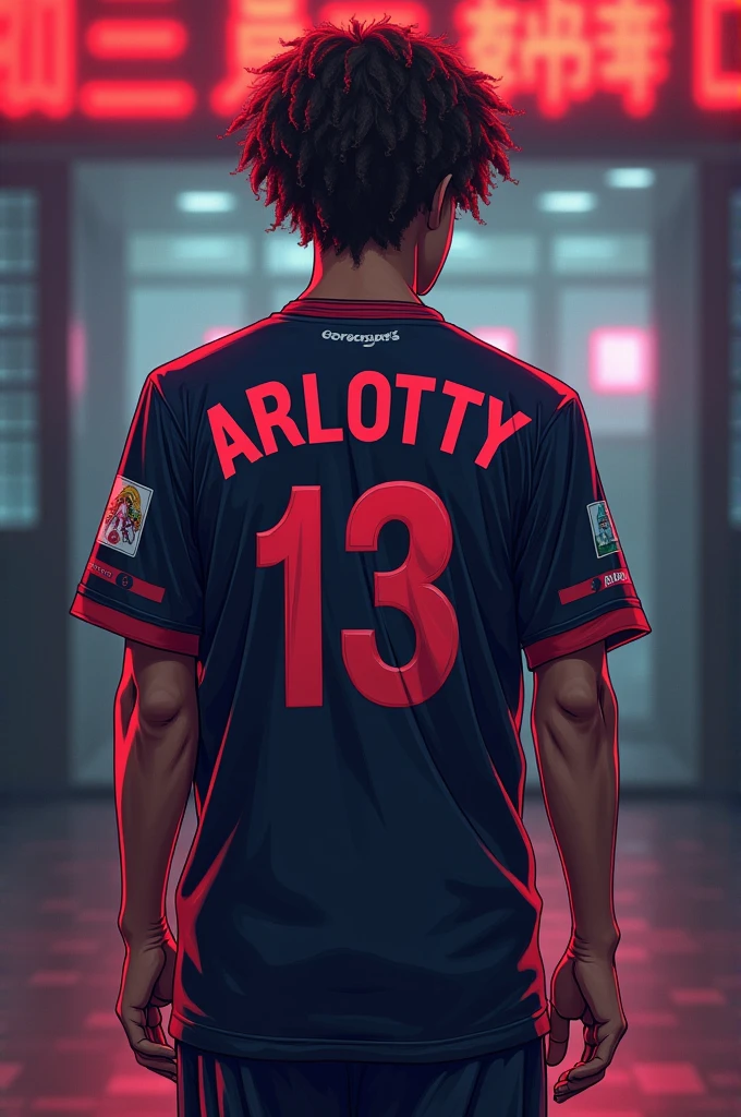 Make a Japanese 1 wearing a squad tshirt with his nickname 'Arlotty' on it and his squad or team "The Night Core' and put a logo