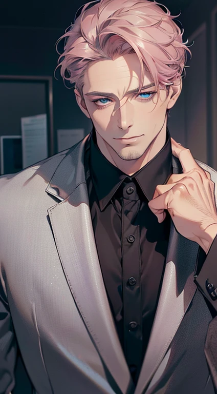 (best quality,4k,8k,highres,masterpiece:1.2),ultra-detailed,(realistic,photorealistic,photo-realistic:1.37),1 man,3,mature man,very handsome,without expression,smile,short grey pink hair,blue eyes,penetrating gaze,perfect face without errors,imposing posture,businessman,office background,cinematic lighting,hdr image