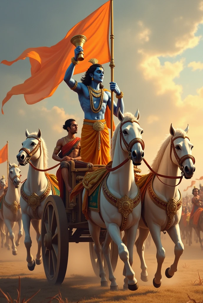 Create a vivid scene of Lord Krishna and Arjuna in their grand chariot, which is drawn by 5 white horses. Highlight Krishna prominently, showing him looking towards sky, he is holding Counch, he is blowing his divine conch shell , with a powerful and serene expression seen in the sky. The traditional mythicial chariot should be elaborately designed, featuring a prominent saffron flag on top of chariot fluttering above it, symbolizing its significance. Arjuna should be depicted sitting behind Krishna, Krisha is the Charioter, Capture the grandeur of the chariot and Krishna’s central role, with the background reflecting the battlefield’s energy and anticipation.