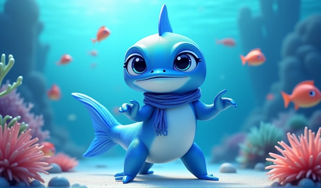 create an adult mascot for the L store.P offers in blue colors, and that it is an aquatic animal, make 5 different images of the same mascot 