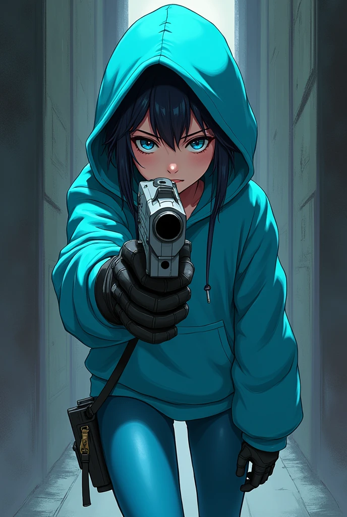 Anime character with gun on a hand with cyan hoodie and cyan leggings