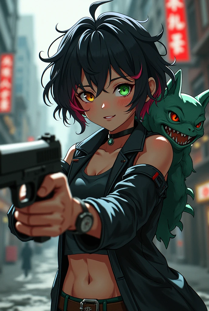 Girl character set in jujutsu kaisen with short black curly hair with red, one eye is green and the other eye is orange, light brown complexion, somewhat large chest, with a gun, scar on face and a mythological creature on the back along with the city of Japan