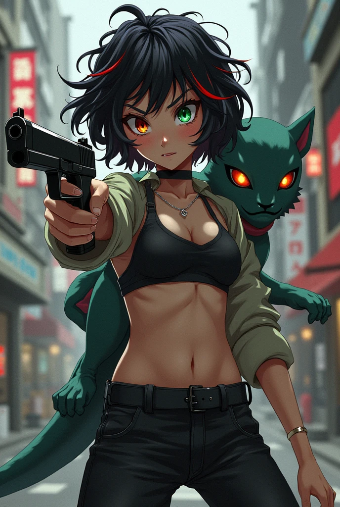 Girl character set in jujutsu kaisen with short black curly hair with red, one eye is green and the other eye is orange, light brown complexion, somewhat large chest, with a gun, scar on face and a mythological creature on the back along with the city of Japan