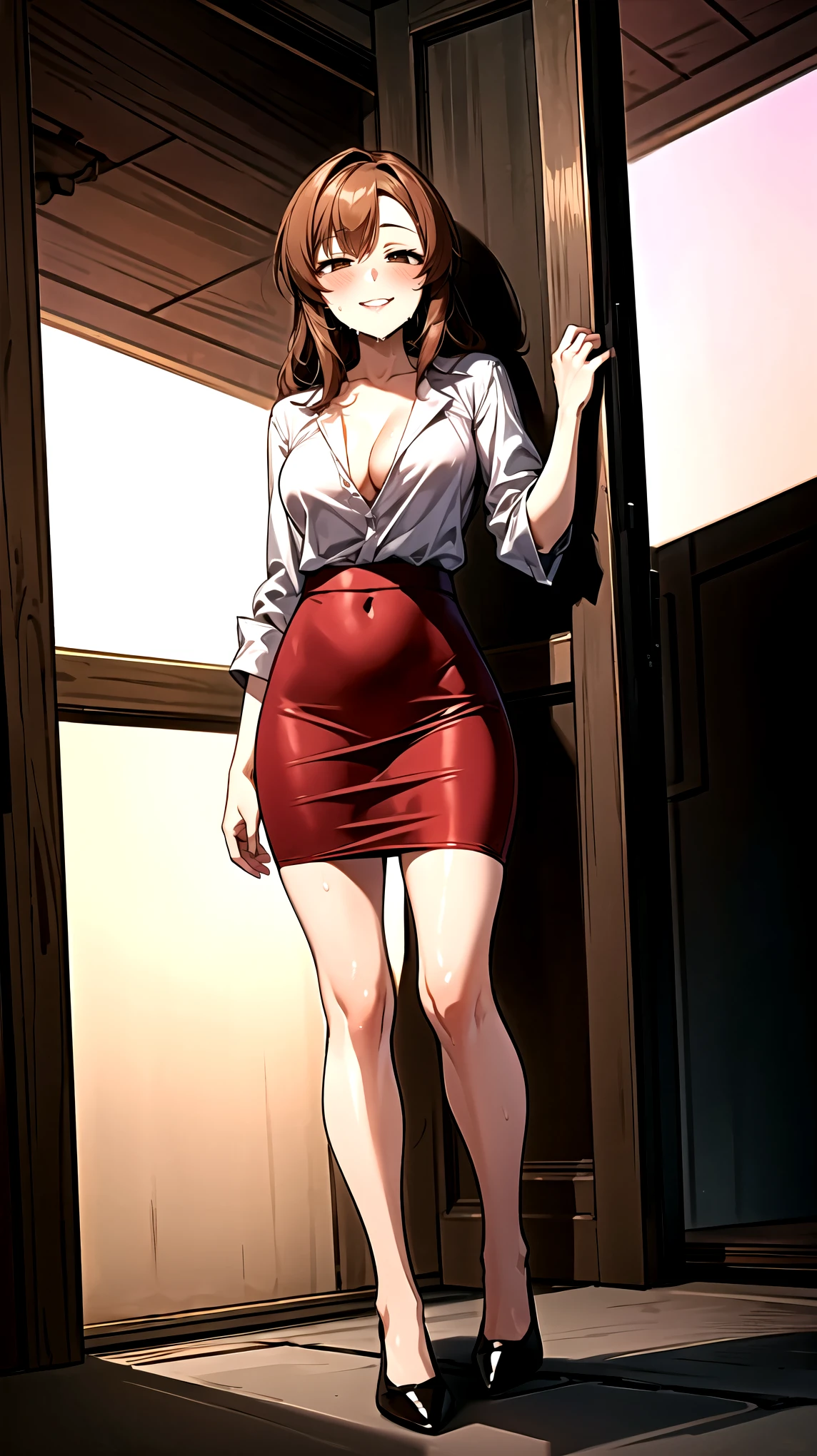 ((super high quality,Ultra-high resolution,16K,super masterpiece,Ultra HD ,Detailed shading,))Full body photo,On top of a hill lit by the setting sun,One sexy mature woman,((popped Tight collar Pink shirts,SEXY cleavage,))Folded sleeves,Red pencil skirt,Looking into the camera,Brown medium long hair,smile,blush,Thick lips,Sweaty,A small amount of drooling,