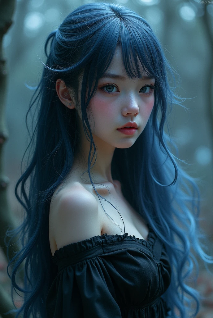 Create a girl with long 2b hair and light skin, The hair should be dyed blue-black and a white or silver streak,