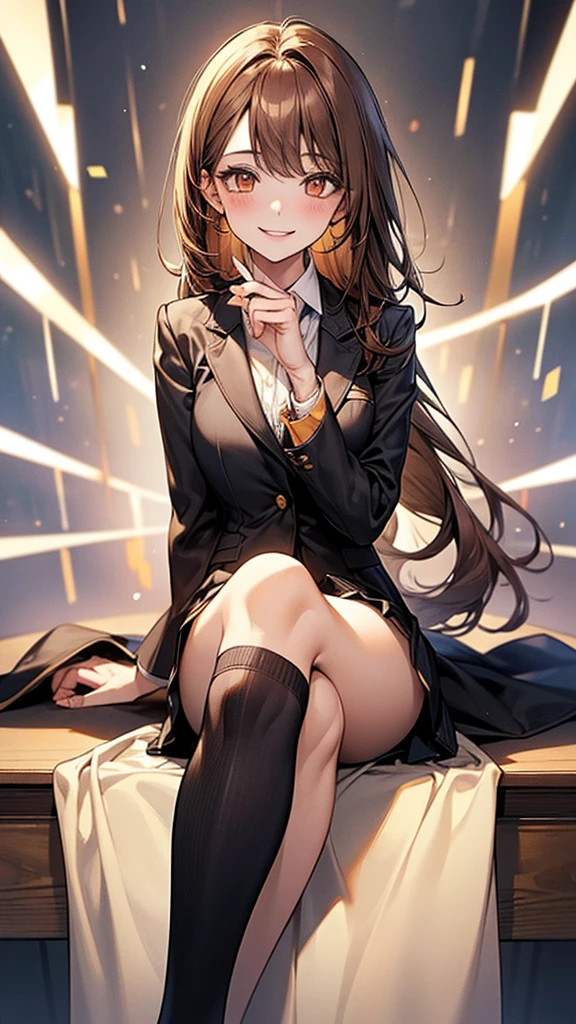 4K resolution,((Highest quality)),Ultra-high resolution,young woman, alone, sexy, (Mischievous smile), (Pale golden eyes), Beautiful and symmetrical face, (Brown set medium hair),Blazer uniform,Dress shirt,Pleated mini skirt,Knee-high socks,Realistic:1.4,Realistic:1.4,(masterpiece:1.2),Perfect Eyes,Perfect Eyes,Perfect Legs,Curvy Thighs,Open your legs a little,classroom