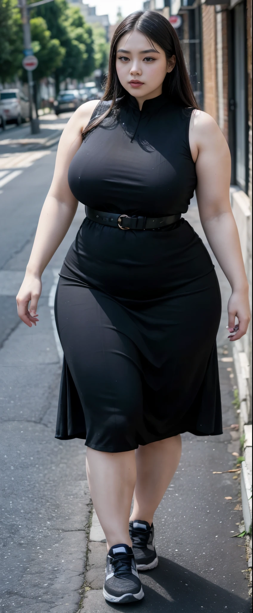 ((best quality)), ((masterpiece)), (detailed), malay woman, perfect face, araffe woman in a dark-black gamis walking down a street, thicc, she has a jiggly fat round belly, bbwchan, wearing tight simple clothes, skinny waist and thick hips, widest hips, her belly is fat and round, soft curvy shape, hyperrealistic full figure, wearing gamis , wide hips, sneakers