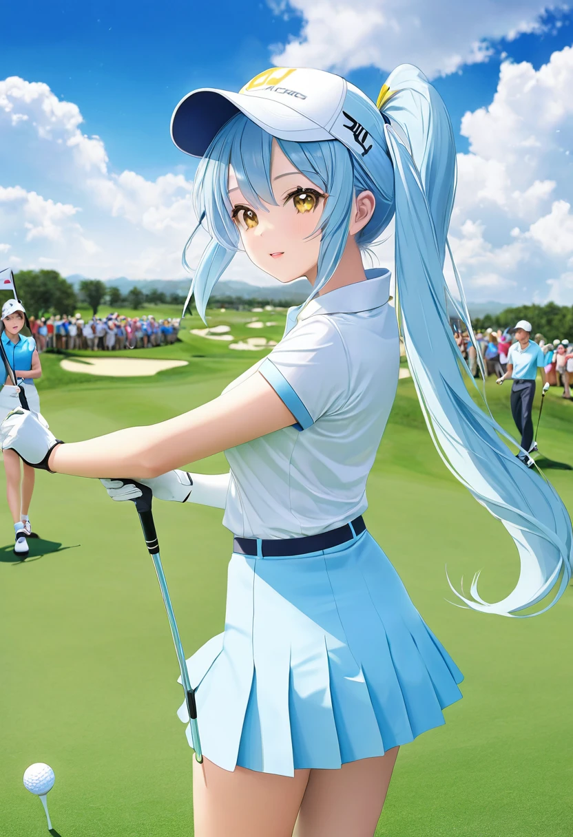 high quality,High resolution,16K、Light blue long hair、Beautiful twin-tailed golf player、White and yellow costume、Golf course with beautiful grass、Golf Tournaments、A large audience、during a golf game、Dynamic Angle