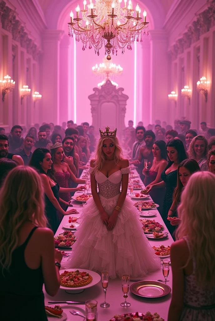 "A full-body shot of a post-party scene in a palace bathed in neon pink lighting. An huge refectory table with all kinds of food on it. A drunken blonde queen 1 with a careless expression, on perfect beautiful face, wearing a layered pink and white dress (predominantly pink), standing in a crowd of fairys and princesses 1:1 Her rose-gold crown, adorned with big pink crystals 1:1, tilted slightly to the left on her head 1:1. A very beautiful top model Queen 2 with black very long hair in a black big queen dress. Pretty Fairy 1 with a long white hair with crown in a sheer golden wet dress outfit smiling, perfect fairy 2 with perfect face, small crown with long red wavy hair holding a cristal glass with wine and beautiful fairy 3 in a light blue/green silky thin dress laughing, King 1 in a medieval chlothes, King 2 handsome in a medieval clothes brown. A white cat sits on the thrown 1:1, while a pink bird perches atop the throne. The scene includes a messy gothic princess striking a pose, her long light blonde hair flowing over her shoulders, She is dressed in a well made white lace silk gothic dress with many layers and white diamonds all over it, embodying a beautiful yet disheveled ice queen. The environment exudes a chaotic medieval fantasy vibe, with a white intricate throne and a pink crystal chandelier hanging from the ceiling. Big gold gothic medieval-style candelabrum on a white table, surrounded by crystal wine glasses—one tipped over and another half-full of wine. All sitting by refectory table. The entire setup is chaotic yet regal, capturing the essence of a wild and messy night in a fantastical gothic setting, illuminated by dynamic pink lighting and framed with the grandeur of medieval gothic style. wide stage. Perfect eyes, 1:1, perfect body, 1:2 perfect face, 1:3"