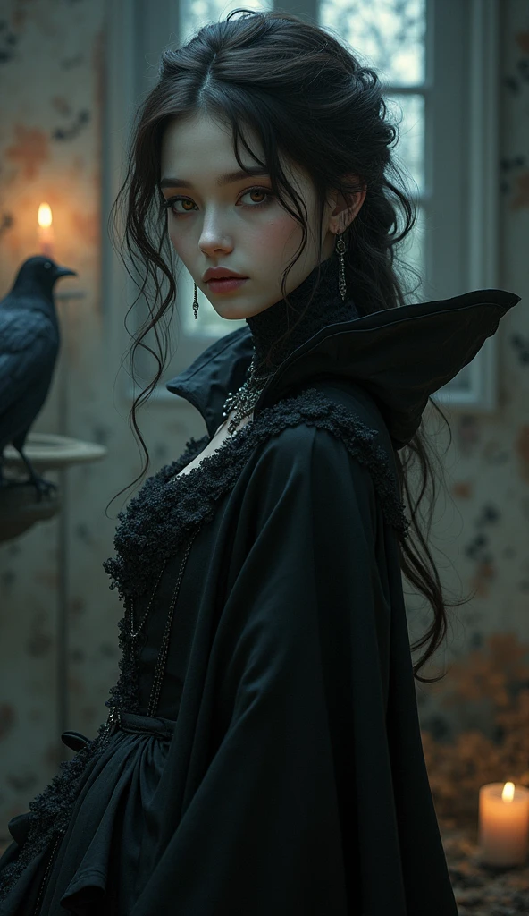 Create a genshin character with brown dark hair, super pale skin, deep brown eyes, gothic style of clothing