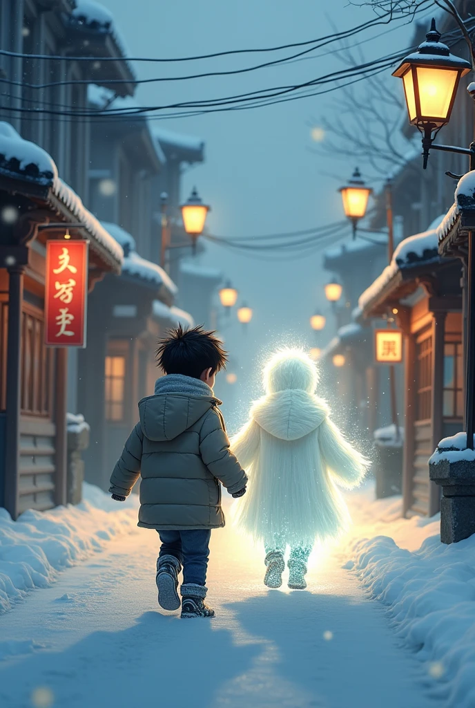 A boy walking through the streets of Korea on a snowy night and next to him a spirit of a boy