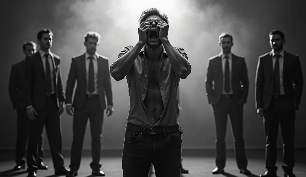 A twisted dramatic scene from A person who never succeeds in his job, desperate with his hands on his head screaming, wearing poor clothes, successful people wearing suit and tie around,  the whole scene in black and white, the main character colored in the spotlight.